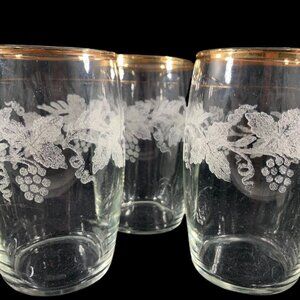 Vintage Bartlett Collins Etched Grapevine Gold Trim Set of 3 Juice Glasses